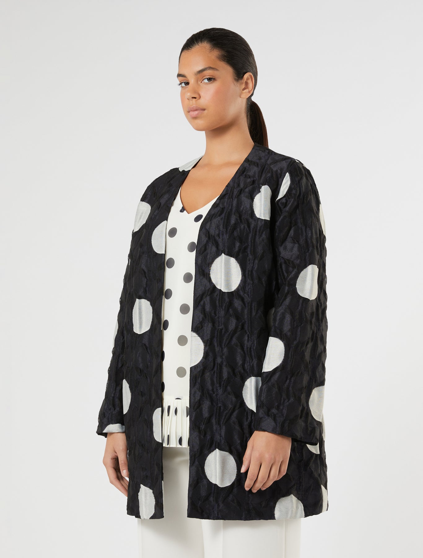 marina rinaldi polka dot jacquard duster coat for woman
