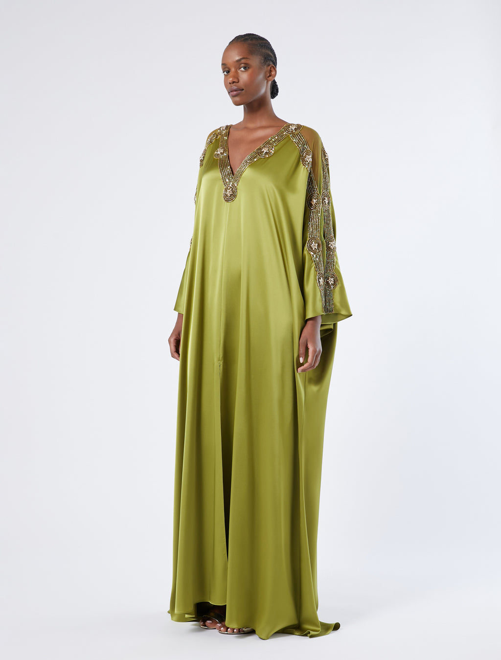 Satin caftan dress with embroidery