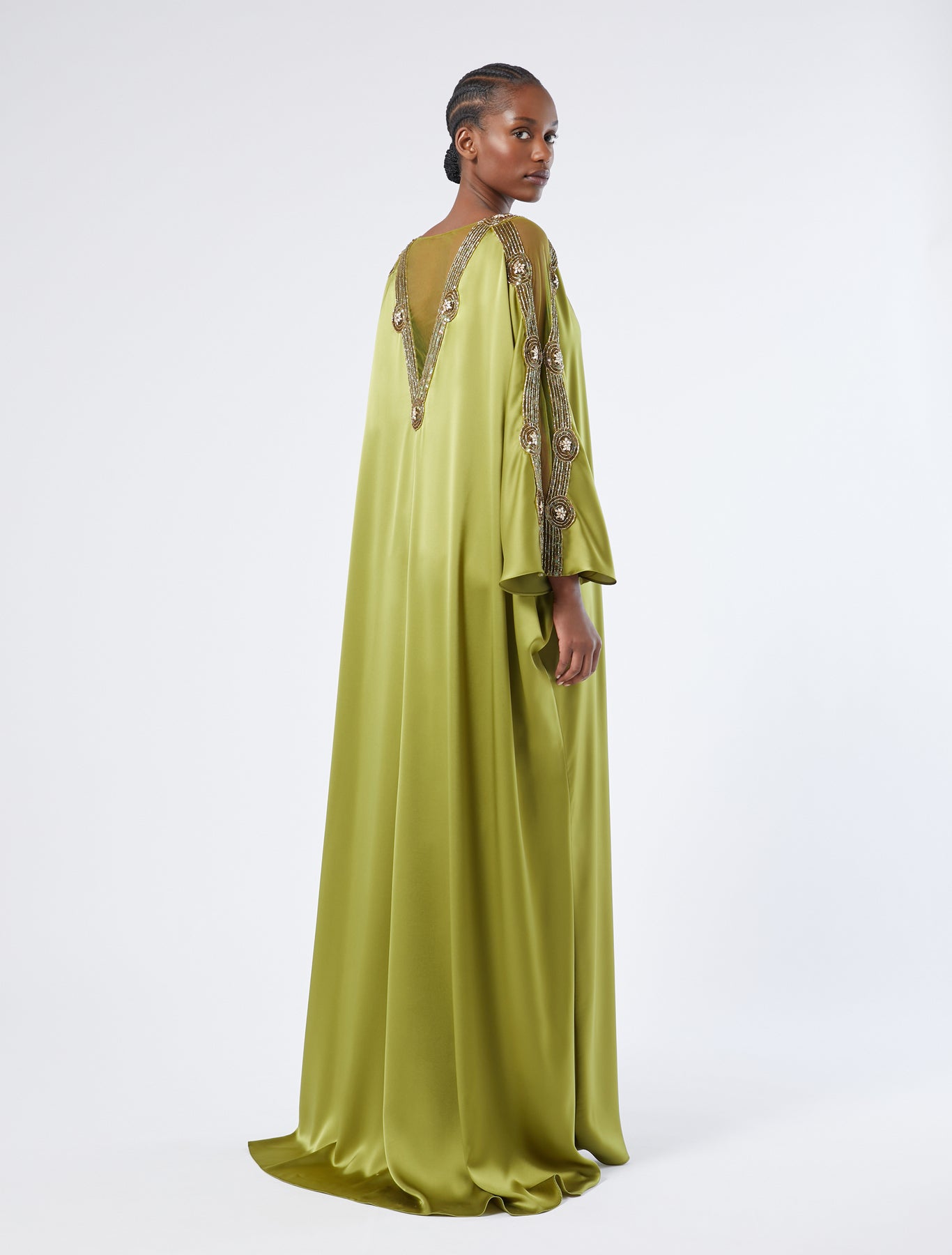 Satin caftan dress with embroidery