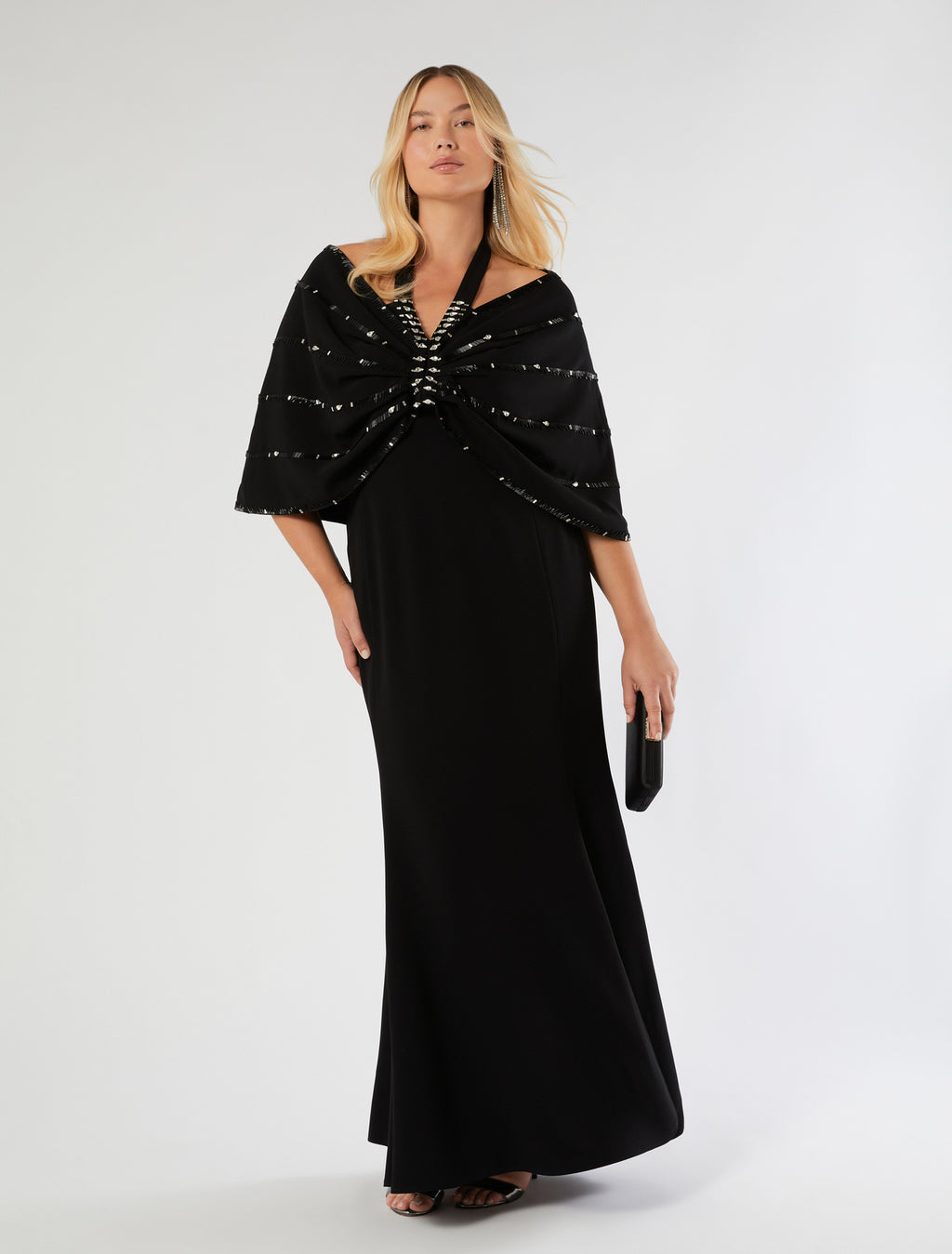 marina rinaldi embroidered cady dress and cape for woman