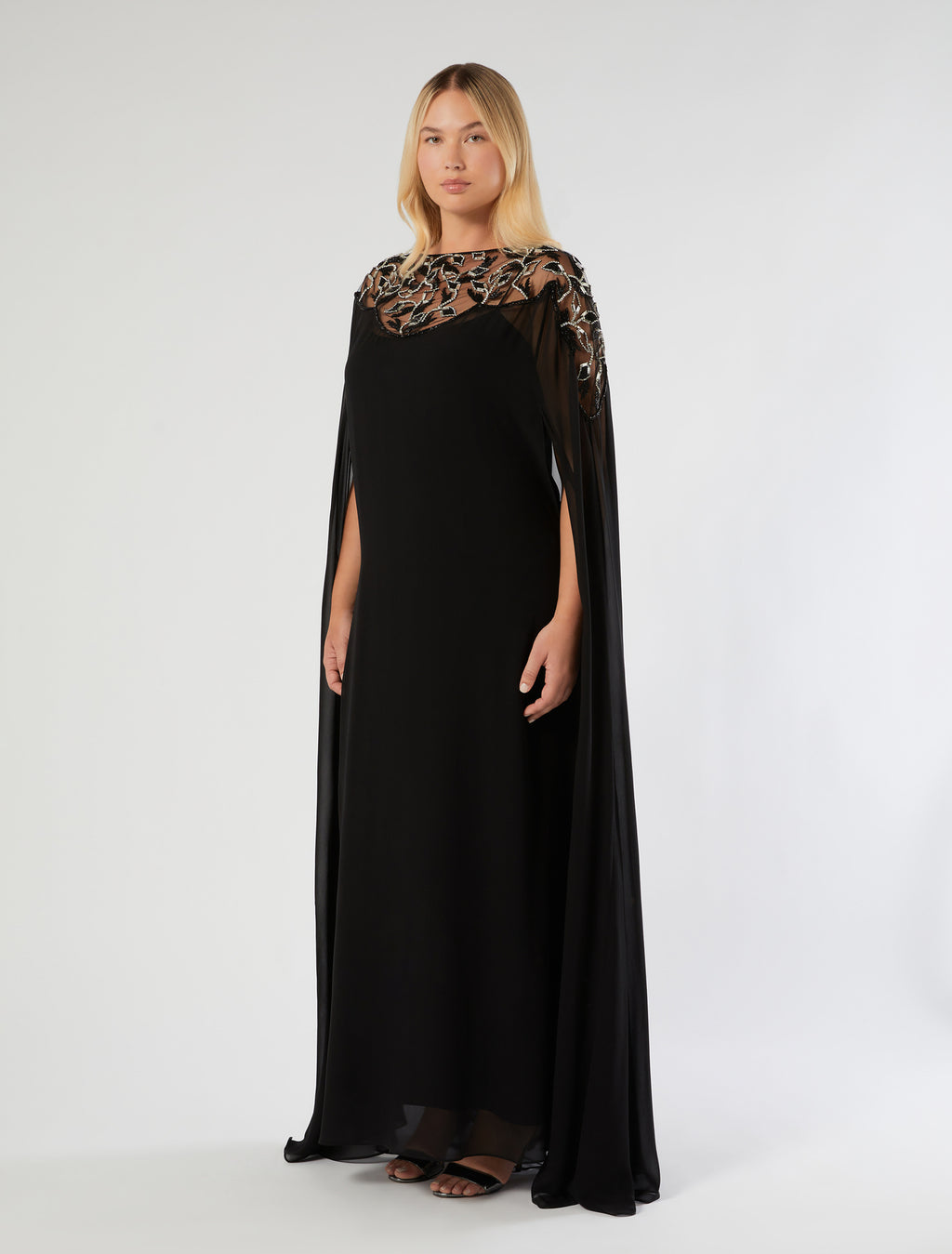 marina rinaldi pure silk georgette cape dress for woman