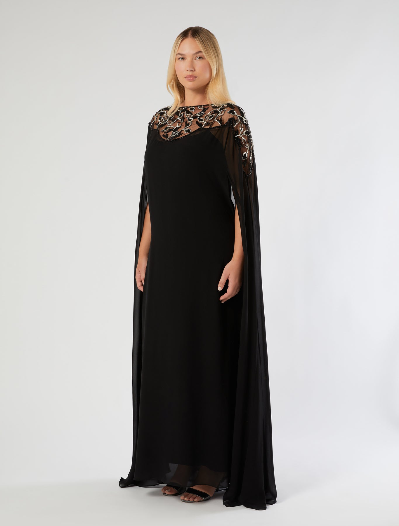 marina rinaldi pure silk georgette cape dress for woman