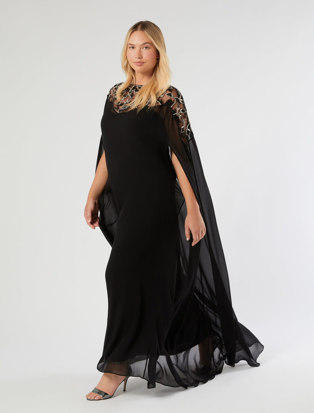 marina rinaldi pure silk georgette cape dress for woman