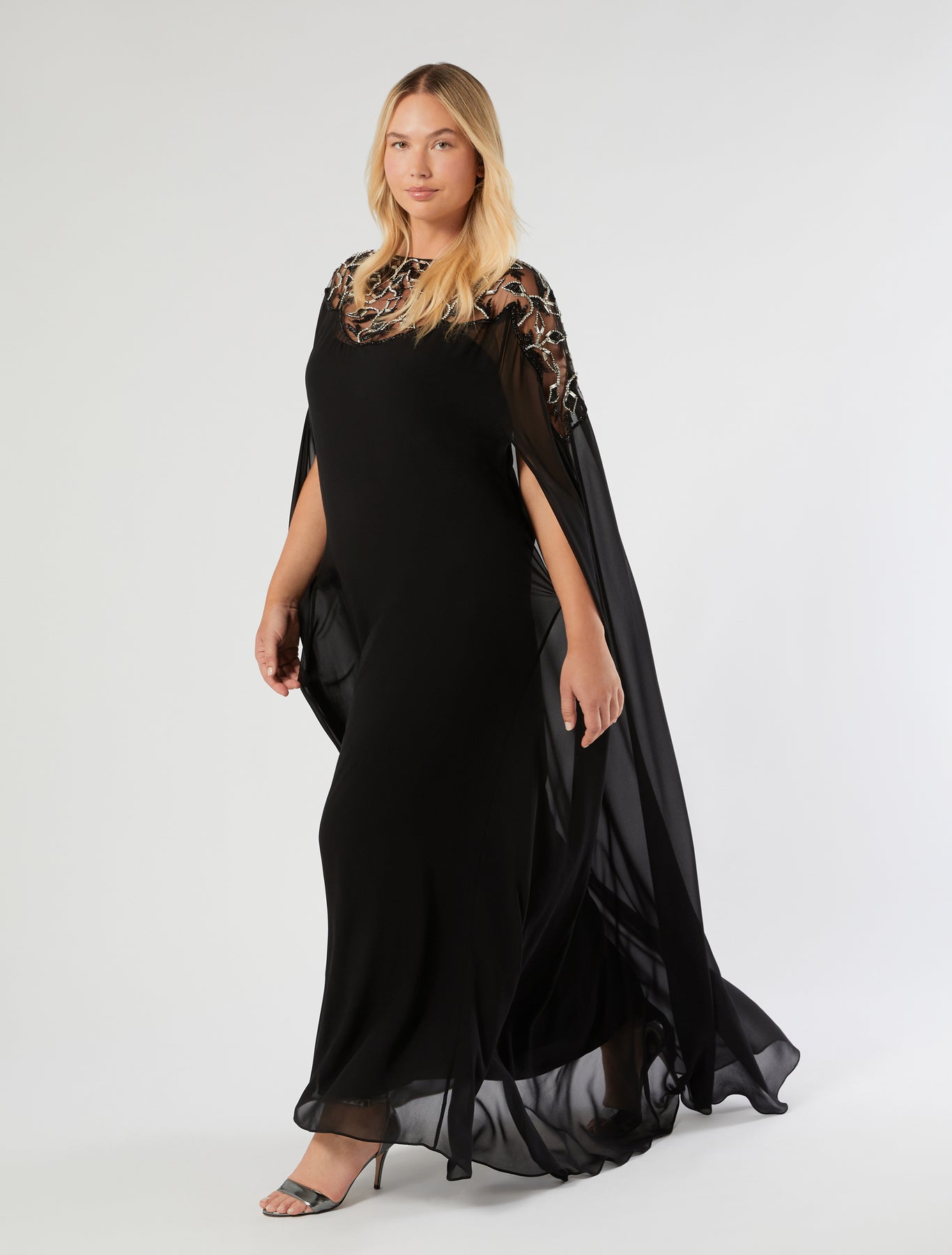 marina rinaldi pure silk georgette cape dress for woman