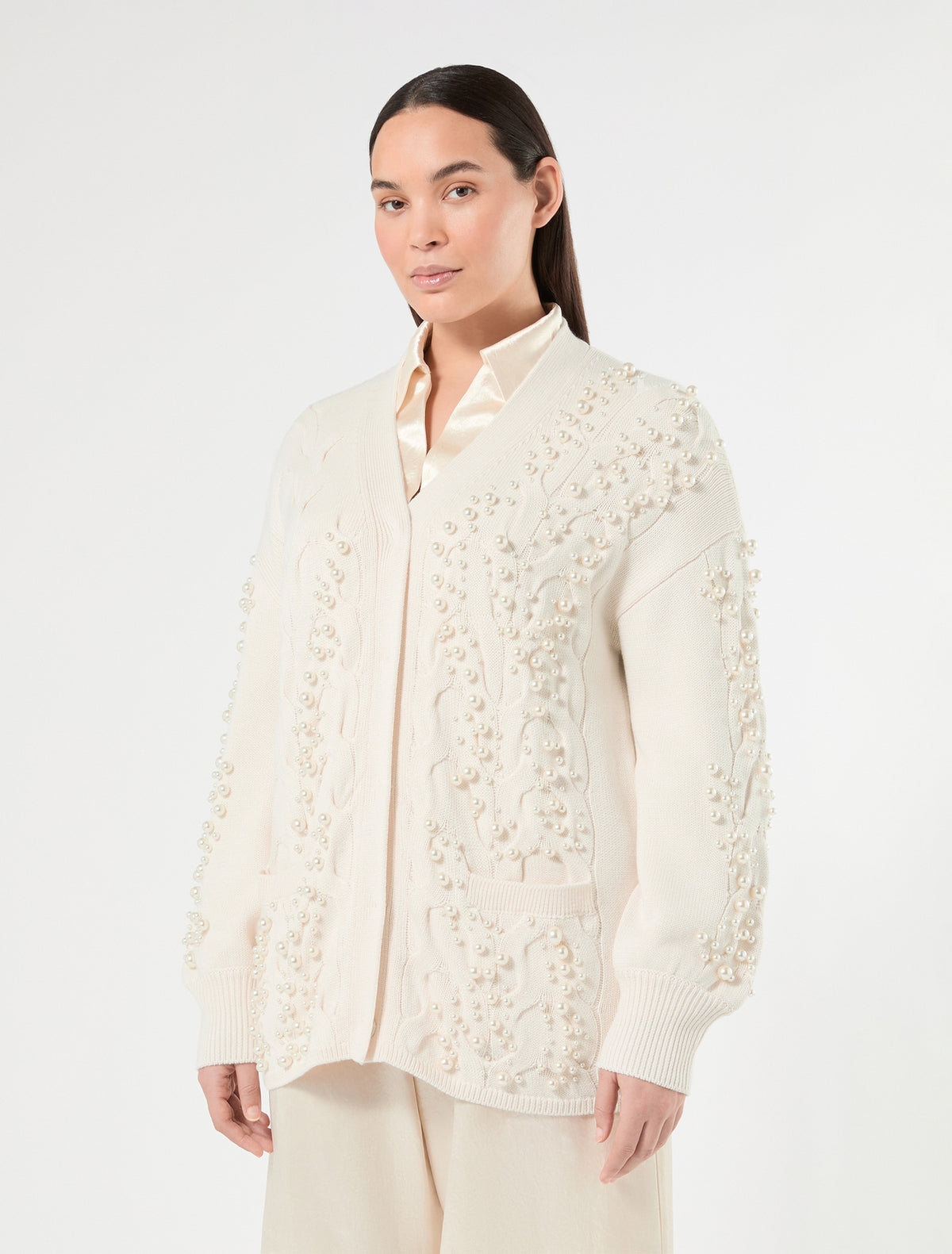 Marina Rinaldi cable-knit cardigan with pearl detail for woman