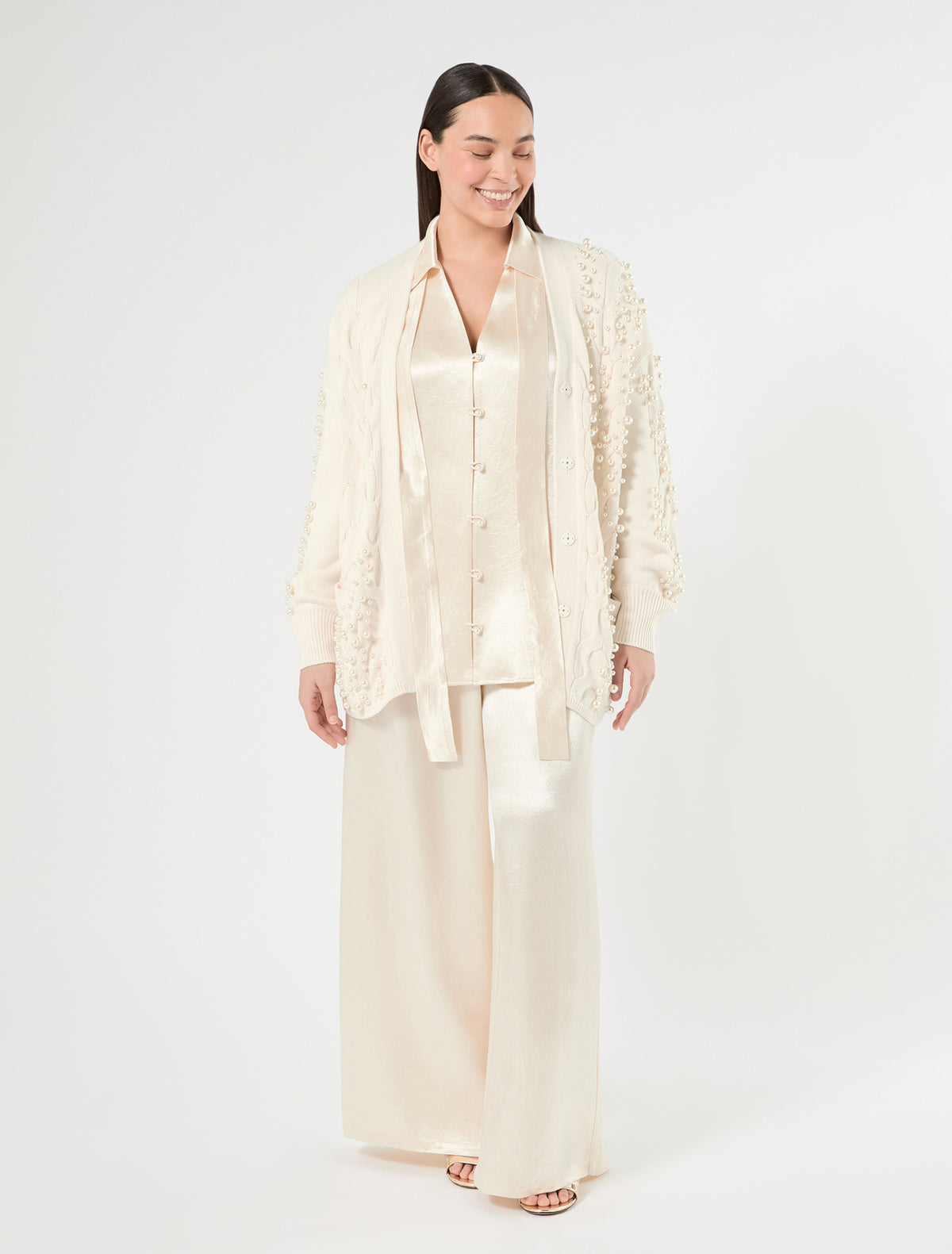 Marina Rinaldi cable-knit cardigan with pearl detail for woman