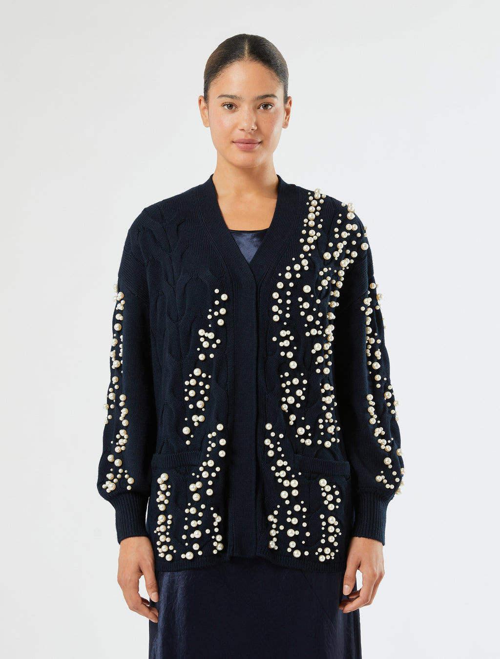 Marina Rinaldi cable-knit cardigan with pearl detail for women