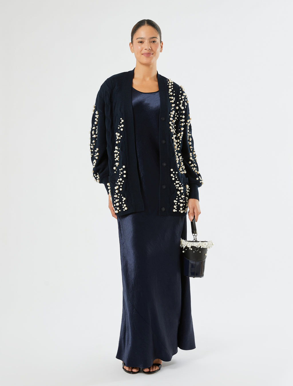 Marina Rinaldi cable-knit cardigan with pearl detail for women