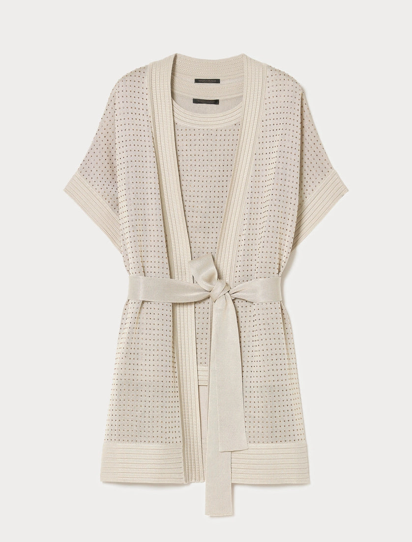 marina rinaldi rhinestone-adorned knitted cardigan and top for woman