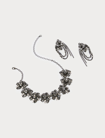 Rhinestone-adorned choker and earrings