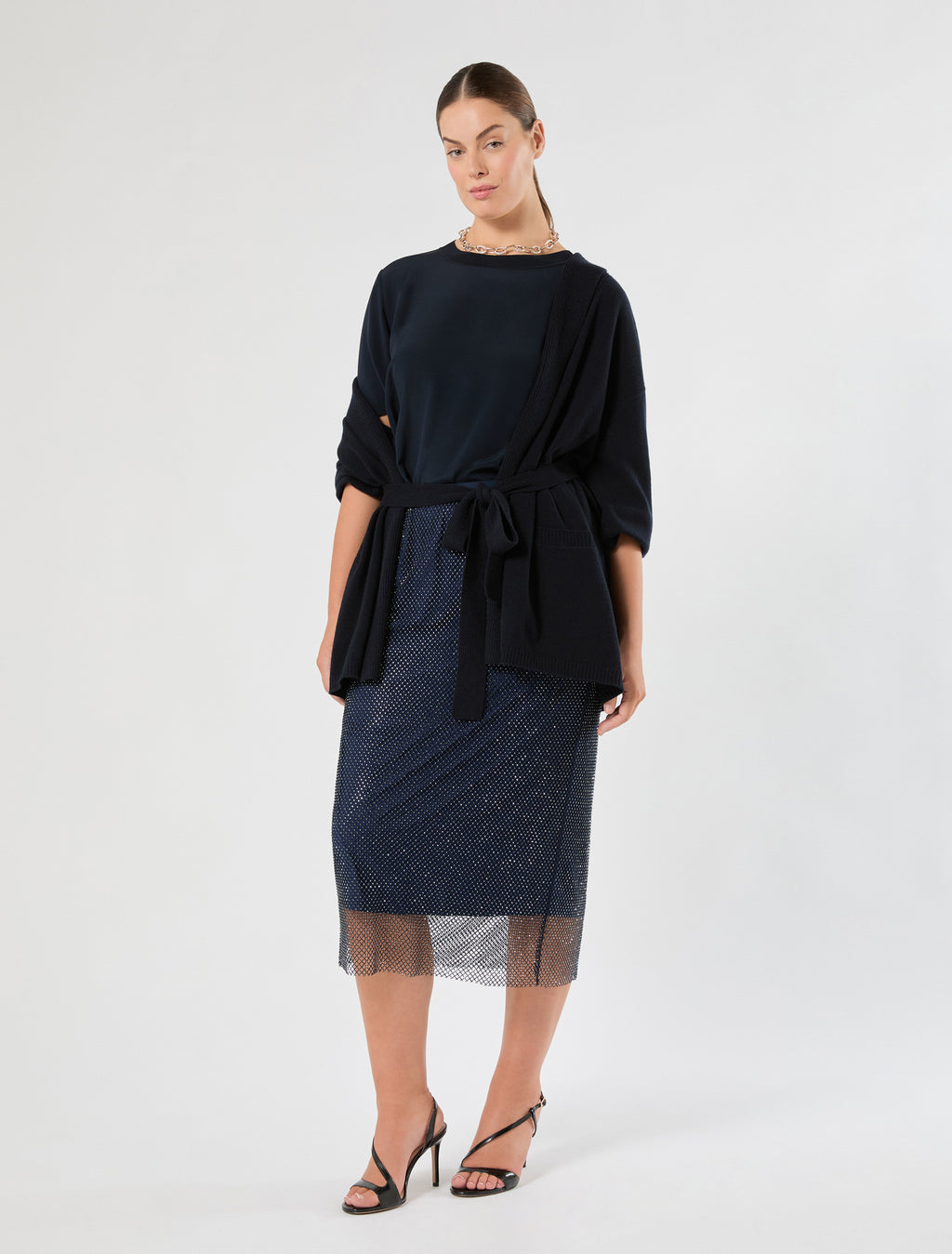 Marina Rinaldi rhinestone-adorned mesh jersey skirt for woman