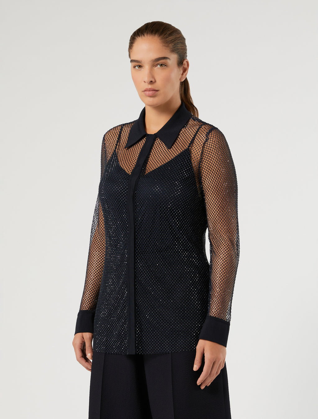 Marina Rinaldi rhinestone-adorned mesh jersey shirt for woman