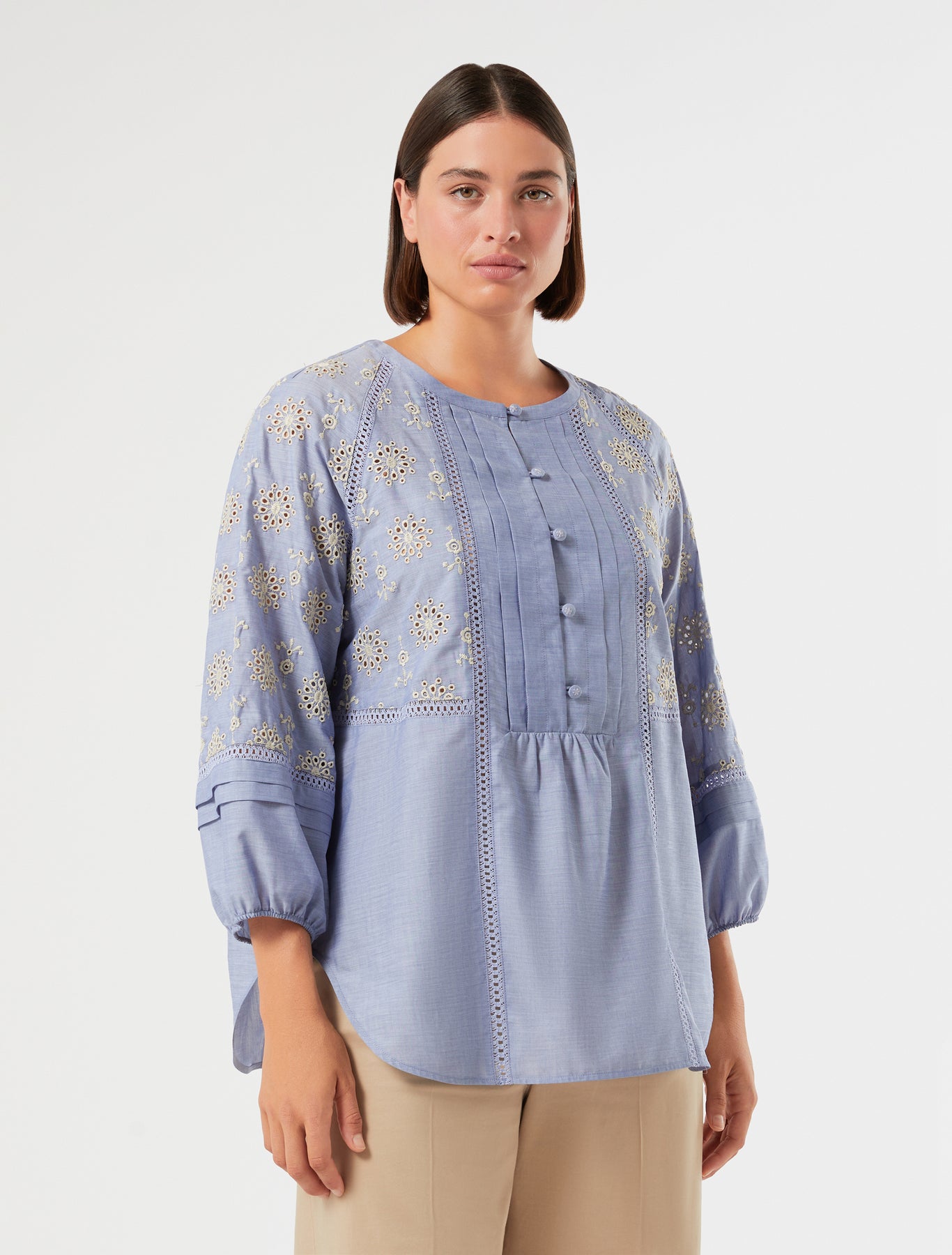 marina rinaldi chambray cotton shirt with embroidery for woman