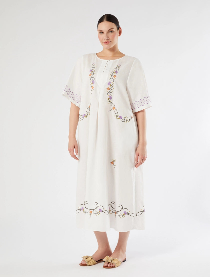 marina rinaldi plain-weave cotton and linen dress with embroidery for woman