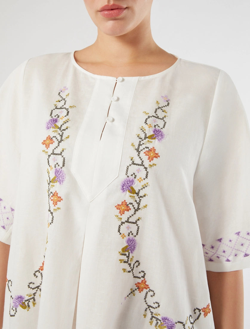 marina rinaldi plain-weave cotton and linen dress with embroidery for woman