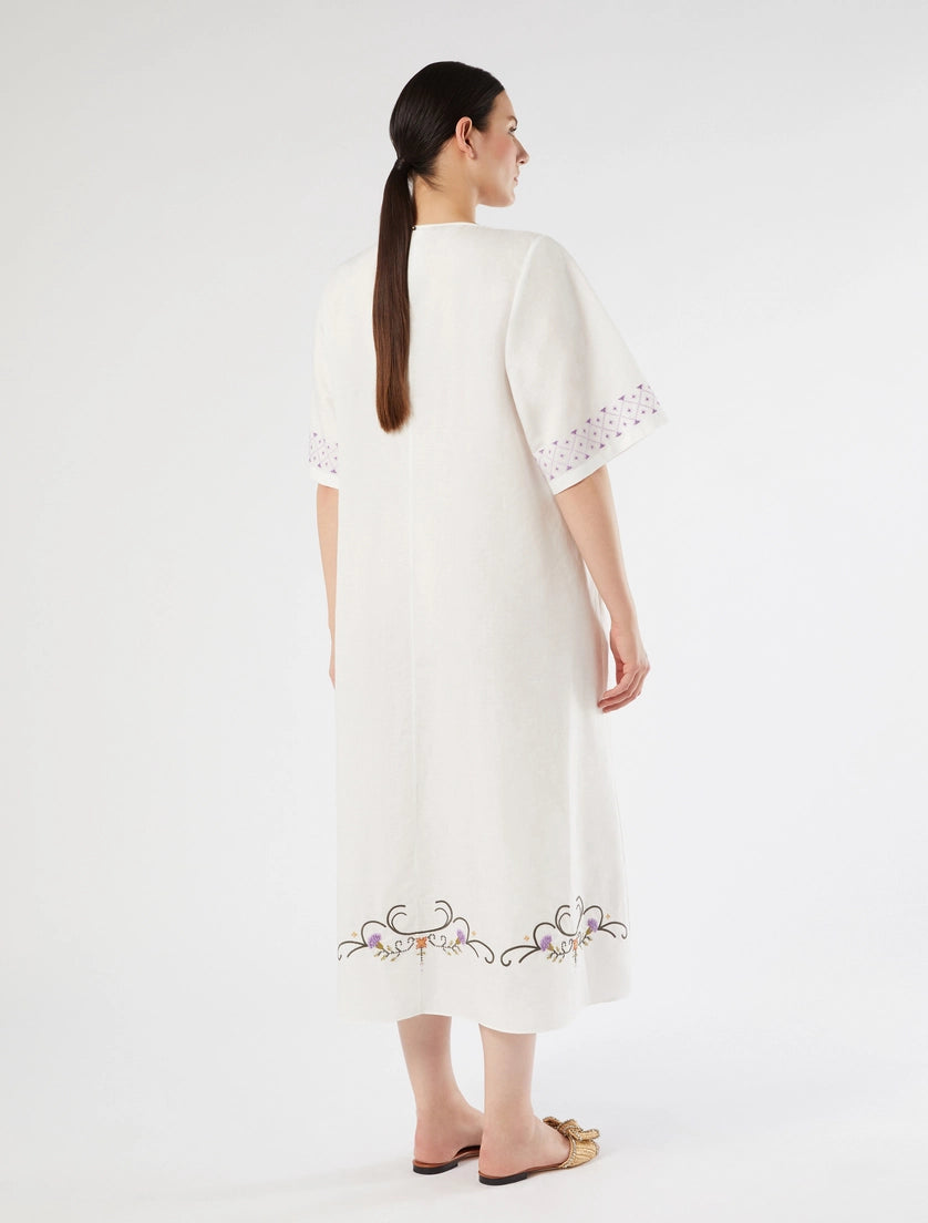 marina rinaldi plain-weave cotton and linen dress with embroidery for woman