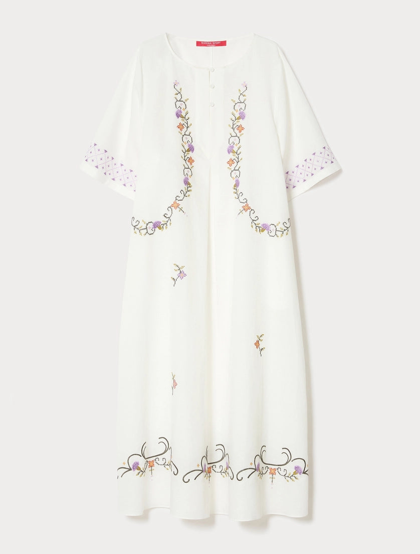 marina rinaldi plain-weave cotton and linen dress with embroidery for woman