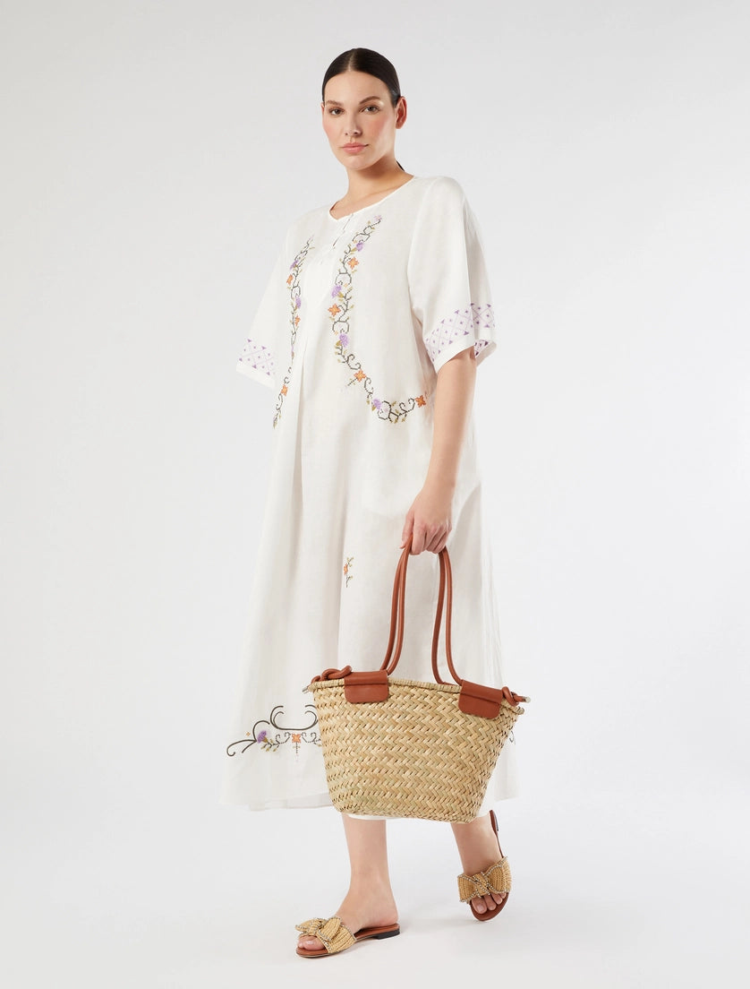 marina rinaldi plain-weave cotton and linen dress with embroidery for woman