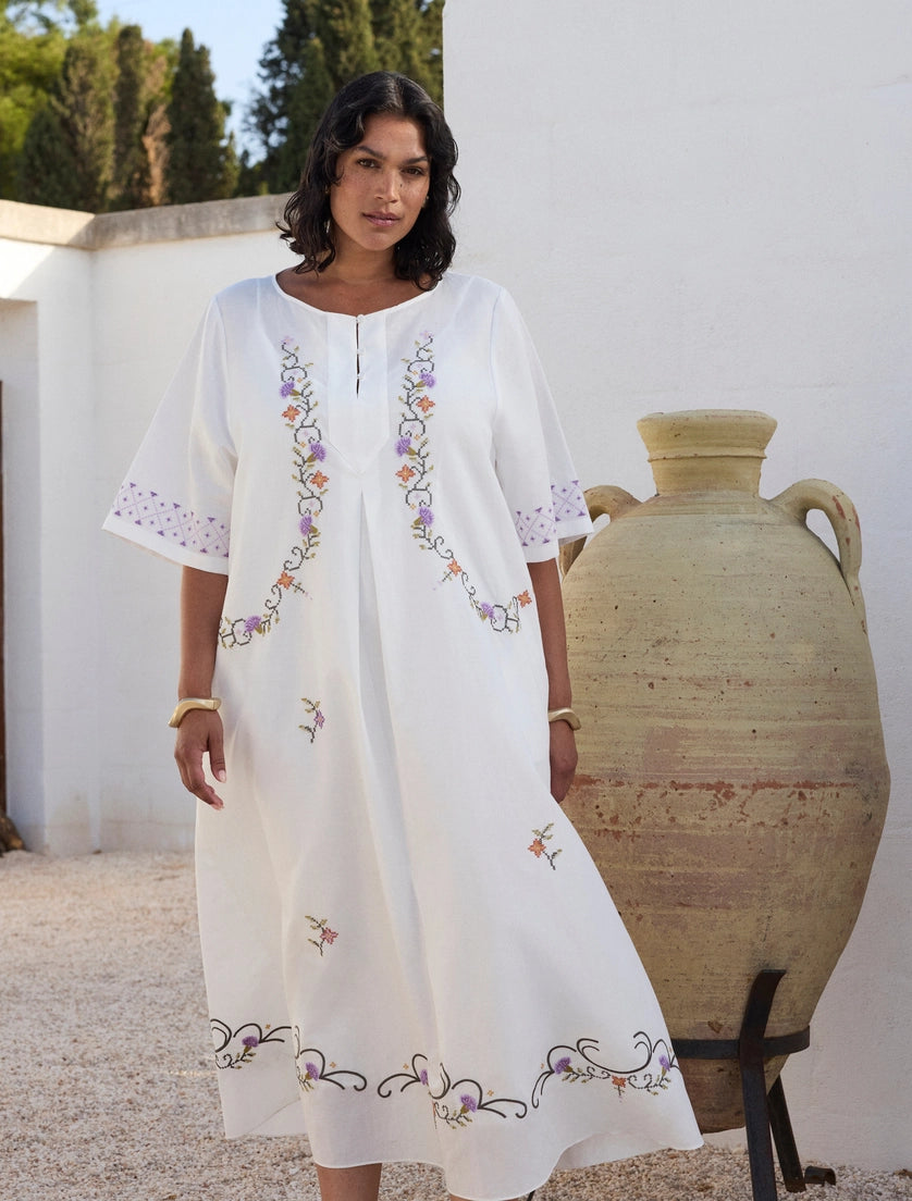 marina rinaldi Plain-weave cotton and linen dress with embroidery