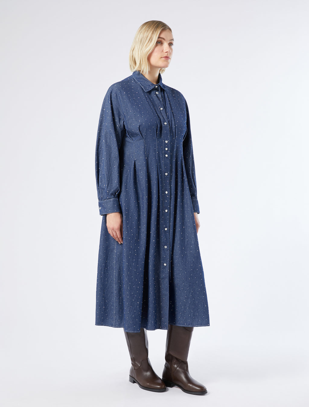 Long dress in denim with rhinestones