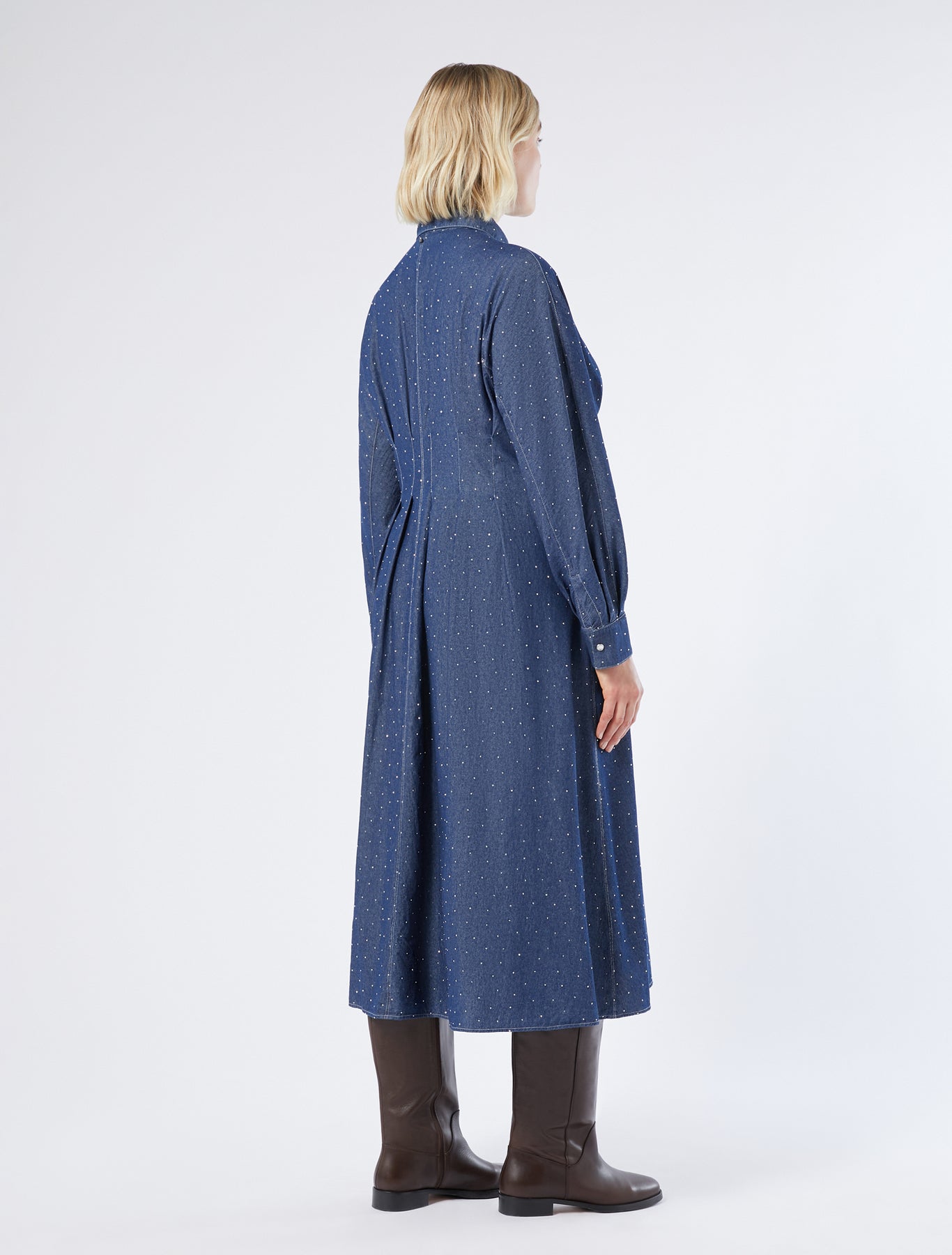Long dress in denim with rhinestones