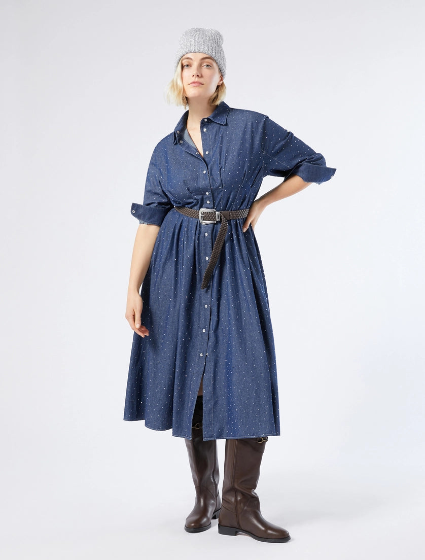 Long dress in denim with rhinestones