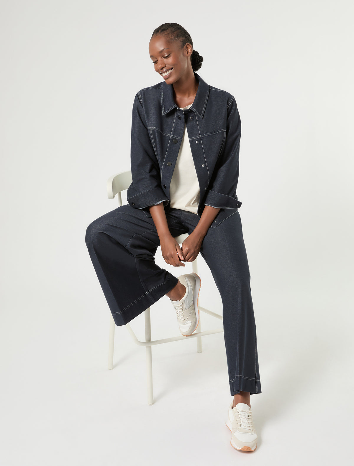 Marina Rinaldi denim-effect jersey trousers for woman